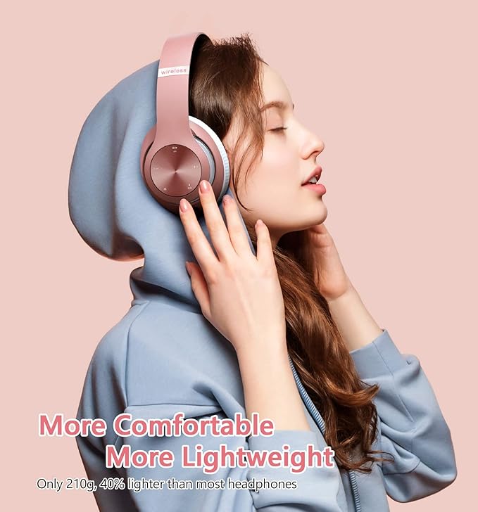 9S Over Ear Bluetooth Headphones, 60 Hours Playtime, Hi-Fi Stereo, Deep Bass, Microphone, Foldable, Rose Gold