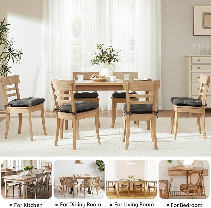 Chair Cushions Set of 6 for Dining Chairs, 16.5"x15.5" Kitchen Chair Pads with Memory Foam, Non-Slip Bottom & Ties, Tufted Indoor Seat Cushions for Home Use – Dark Grey