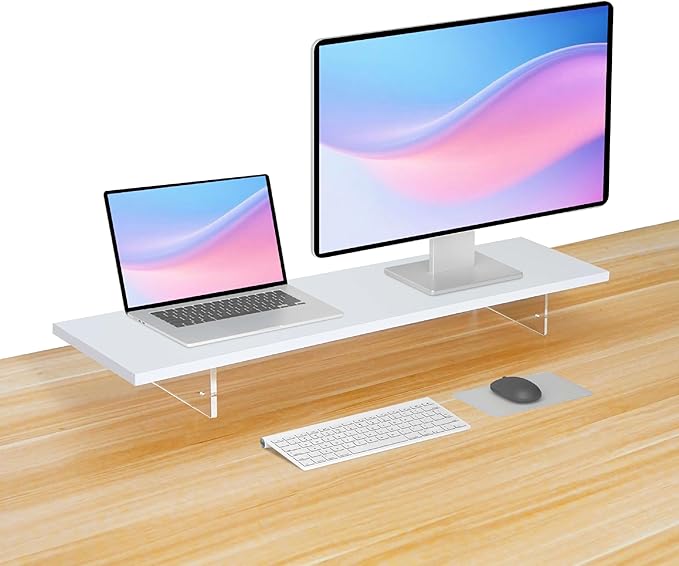 Wood Monitor Stand Riser with Acrylic Legs, Computer Screen Stand Desk Organizer, 31.5 x 7.9 x 3.1 inch, Hold up to 66 lbs (White, 31.5"×7.9"×3.1")