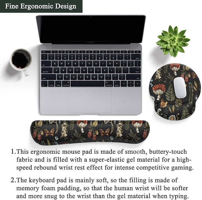 Plant Mushroom Mouse Pad Black Aesthetic Ergonomic Desk Pad Wrist Support Keyboard Wrist Rest Set, Mouse Pad with Non-Slip Pu for Office Comfortable Mouse Wrist Rest for Easy Typing & Pain Relief.