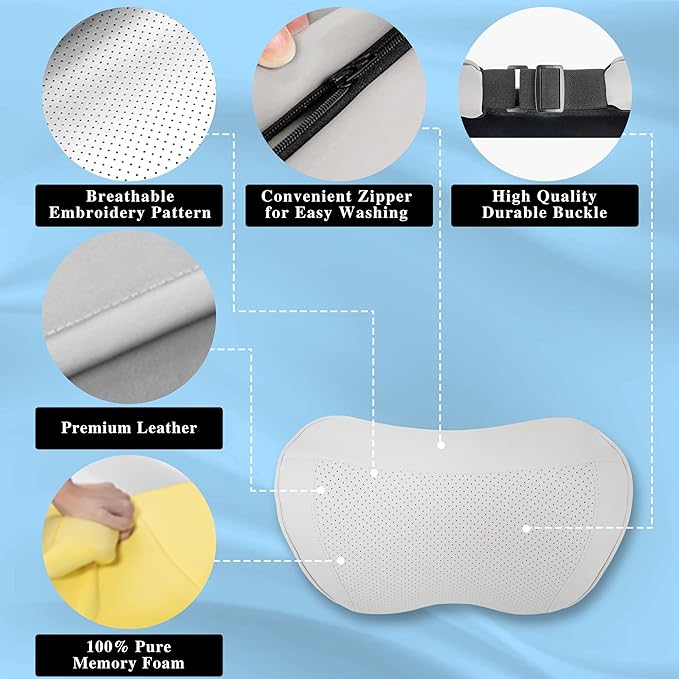 Car Headrest Pillow 100% Memory Foam, Breathable Removable Leather Cover, Premium Seat Support Head Neck Cushion for Driving Travel Home Office, White, 1 Pack