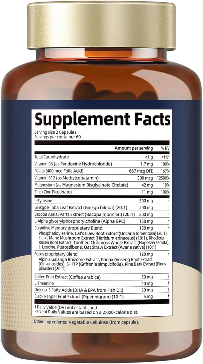 25 in 1 Brain Supplements for Memory and Focus & Neuro Health - Daily Brain Nootropic Cognitive Supplement with L-Tyrosine, Bacopa Monnieri, Ginkgo Biloba, Alpha GPC - Non-GMO, Gluten Free