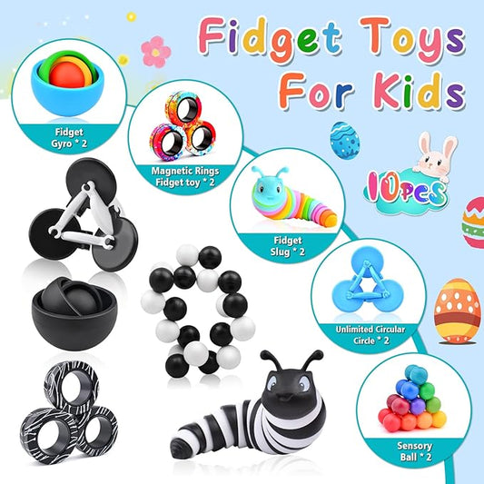 Fidget Toys Adults Pack, Fidget Spinner for Kids, Easter Basket Stuffers for Teens, 10PC Sensory Toys Set for Autism, Desk Toy Stress Relief Gift for ADHD