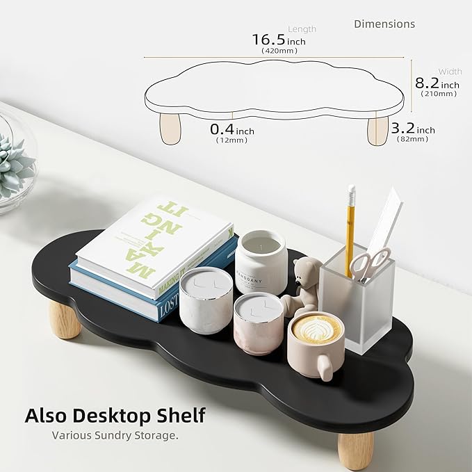 Cloud-Shaped Sturdy Wood Monitor Stand Riser, Multi-Purpose Desktop Organizer for Computer, Laptop, Printer, TV - Black