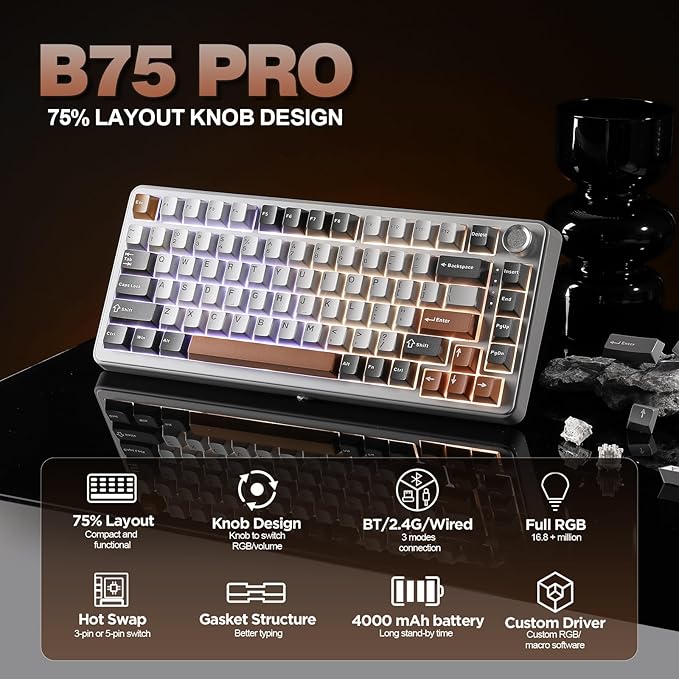 YUNZII B75 PRO Wireless Mechanical Keyboard,75% Layout with Knob,Hot Swap Gasket Custom Structure,Creamy Pre-lubed Switches,RGB Backlit,Bluetooth/Type-C/2.4G for Win/Mac(Milk Switch,Grey)