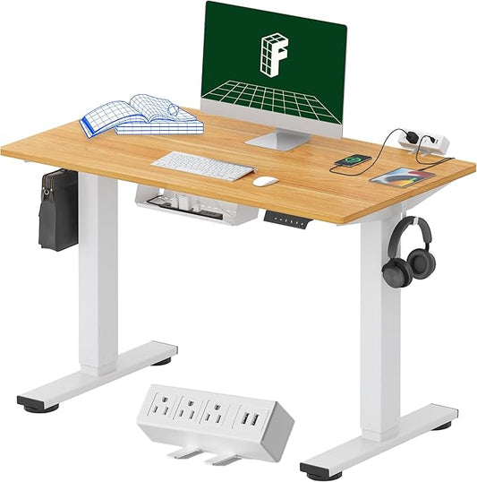 FLEXISPOT EN2 Whole-Piece Standing Desk with Clamp Power Strip, 40 x 24 Electric Stand Up Height Adjustable Desk with Cable Management (White Frame + 40" Maple Top)