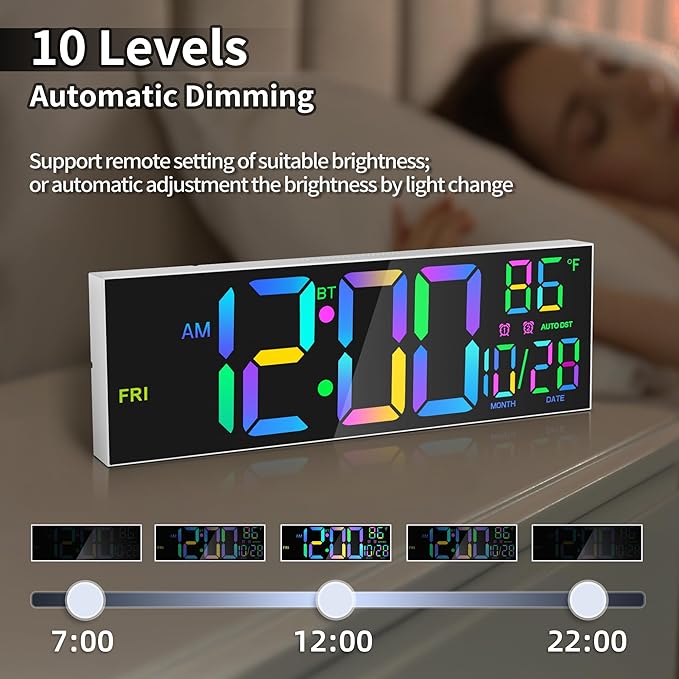 16.5" Large LED Wall Clock with Bluetooth Sync, Night Light, DST, 2 Alarms, RGB Color, Temperature, Remote Control, 12/24H, Timer for Living Room, Bedroom, Desk, Gift for Mother Father Elderly