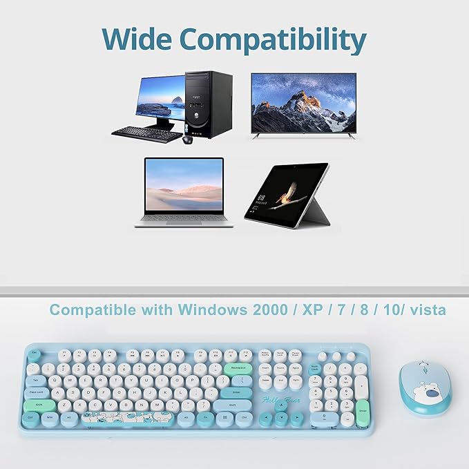 Fogruaden Wireless Keyboard and Mouse Combo, 2.4GHz Retro Typewriter Keyboard, 104 Full Size Round Keycap Cute Computer Keyboard with Number Pad, Blue Colorful Keyboard for Windows PC Laptop(Blue)