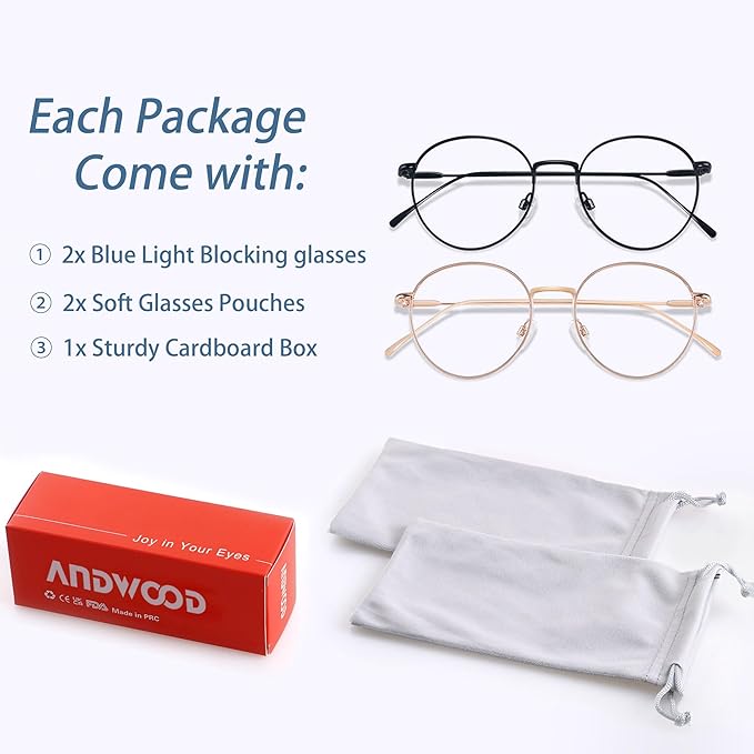 ANDWOOD Blue Light Blocking Glasses Women Men Small Face Computer Clear Bluelight Blocker Super Lightweight Metal Frame Round