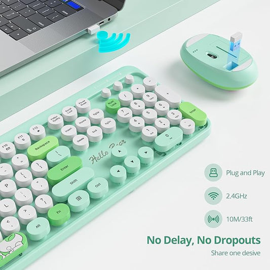 GTSP Green Typewriter Wireless Keyboard and Mouse, Office Full-Sized Colorful 2.4G Cute Aesthetic Keyboard for Computer, Laptop, PC Desktops（Green）