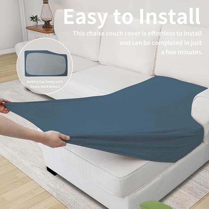 Easy-Going Stretch Sectional Couch Covers 1 Piece Chaise Lounge Slipcover L Shape Separate Cushion Couch Seat Chaise Cover for Both Left/Right Sectional Couch Bluestone