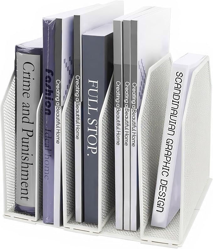 Adjustable Desk File Organizer,Detachable Office Folder Organizer,Compact Vertical Desk File Holder,Wrought Iron Paint,Suitable for Home, School, Office Classrooms (White - 5 grids)