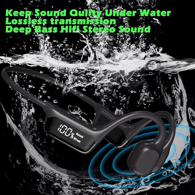 AYI True Bone Conduction Swimming Headphones with Bluetooth 5.4 & MP3 Player Mode 32GB Built-in Memory IPX8 Waterproof Screen Display Pain-Free Open-Ear Earphone for Sport and Work-Black