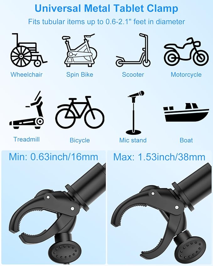 Gooseneck Tablet Holder for Spin Bike, Stationary Bicycle, Wheelchair, Treadmill, Indoor Bike, Peloton, Elliptical, Tablet Mount Clamp for iPad Pro, Air, Mini, Galaxy Tabs, 4.7-12.9" Tablets