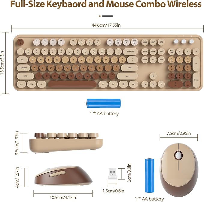 Fogruaden Wireless Keyboard and Mouse Combo, Retro Typewriter Full-Size Keyboard with Number Pad and Cute Mouse, Gradient Colorful Computer Keyboard for Windows PC Desktops Laptop