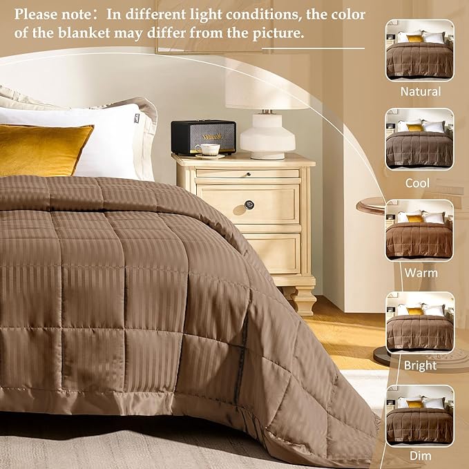 downluxe Twin Blanket with Satin Trim, Lightweight Down Alternative Blanket Twin Size for All Season, Machine Washable (Brown, 66 X 90 Inch)