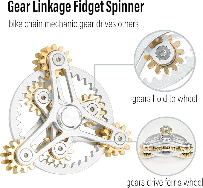 FREELOVE Gear Metal Fidget Spinner Toys for Adults, Small Mini Tiny Pockget Figette, Bike Chain, Copper Brass Hands Gyro, Quiet Silent Cool Cube for Anxiety Men (Wheel 10 Gears Linkage, Silver-Brass)