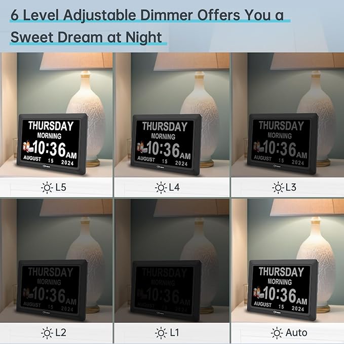 Soobest Digital Dementia Alarm Clock for Seniors Elderly, Electric Large Display Date Day of Week Time Calendar Clock 20 Reminders 3 Ringtones for Memory Loss Alzheimers, Auto DST/Dimmer, 1024*600P HD