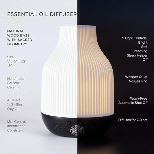 Essential Oil Diffuser Lamp, White Ceramic + Black Wood, Ultrasonic 180ml Whispersoft, 4 Timers | 5 Light Settings, Auto Shut Off, Home + Office, Humidifier Air Purifier Aromatherapy