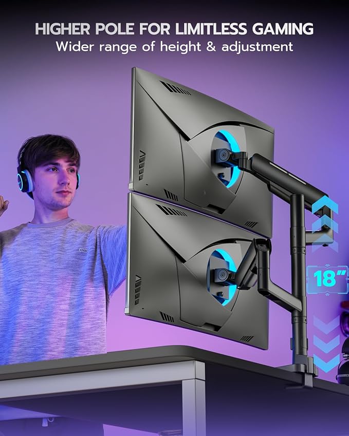 ARES WING Dual Monitor Mount for 17-49 Inch Ultrawide Heavy Duty Curved Screen, Computer Monitor Arm Desk Mount, Gas Spring Adjustable Vesa Stand, Black