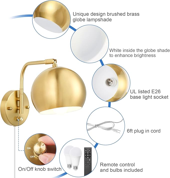 Wall Sconce with Remote Control, Plug in Wall Sconces Dimming 0-100% and Adjustable Color Temperature 2700K-6000K, Brushed Brass Globe Swing Arm Wall Lights with Plug in Cord(2 Pack, 2 Bulbs)