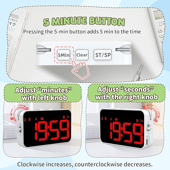 Digital Timer for Kids, 199min 59s Countdown/Up, Rechargeable, Magnetic, 3 Brightness Display, 3 Volume Levels and Vibration, with Sound Alert Function, for Kitchen, Classroom, Study, Fitness