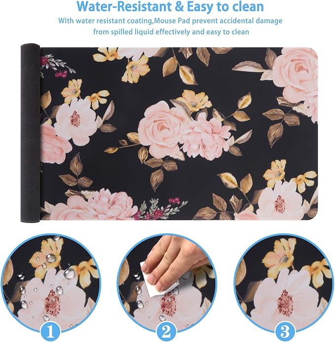 iCasso Extended Gaming Mouse Pad, Large Non-Slip Rubber Base Mousepad with Stitched Edges, Waterproof Keyboard Mouse Mat Desk Pad for Work, Game, Office, Home - Peony