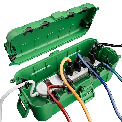 RESTMO Outdoor Electrical Box, IP54 Weatherproof Extension Cord Cover with 6 Cable Entry Ports, Waterproof Connection Box Protect Power Strip, Timer, Plug, Holiday Lights, (11.5x5.2x4 inch), Green