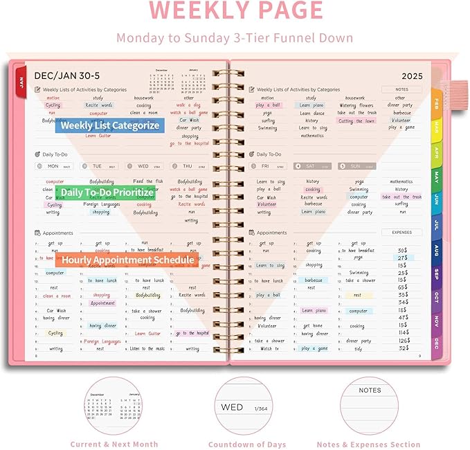 EMSHOI 2025 Planner Hourly Daily Weekly and Monthly, A4 (8.5x11), 3-Tier Appointment Book Vertical Schedule Calendar Organizer for Women Men Work Business, with Monthly Tabs, Note Pages, Pink