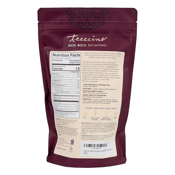 Teeccino Hazelnut Roasted Herbal Tea - Caffeine Free, Prebiotic, 3x More Herbs - 50 Tagless Eco-Friendly Tea Bags