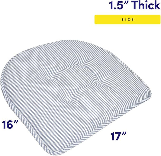Sweet Home Collection Chair Cushion Memory Foam Pads Tufted Slip Non Skid Rubber Back U-Shaped 17" x 16" Seat Cover, Pinstripe Blue 4 Count