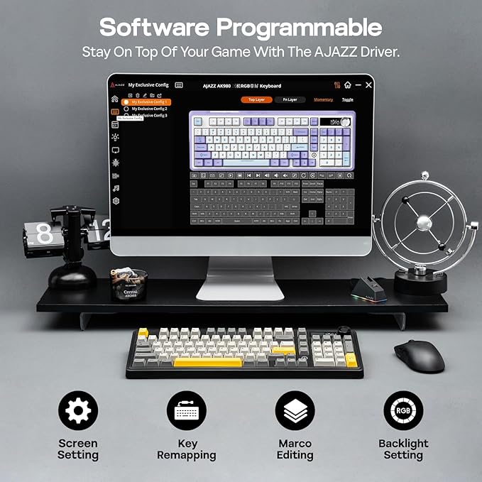 AJAZZ AK980 96% USB-C/BT5.0/2.4GHz Wireless Gaming Keyboard with 1.14’’ TFT Screen, Hot Swappable Creamy Mechanical Keyboard with FR4 Plate, Knob, RGB for Win/Mac (Black, Gift V2 Switch)