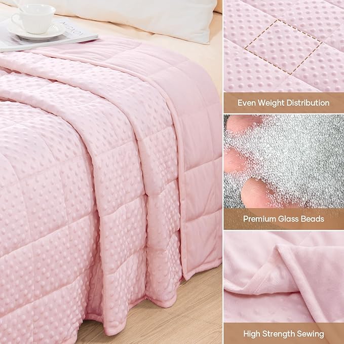 Wemore Minky Dot Weighted Blanket for Adults Queen Size 20 lbs, Soft Cozy Heavy Blanket for Stress Relief and Sleep Promotion, Breathable Blanket for All-Season with Glass Beads, Pink 60 x 80 inches