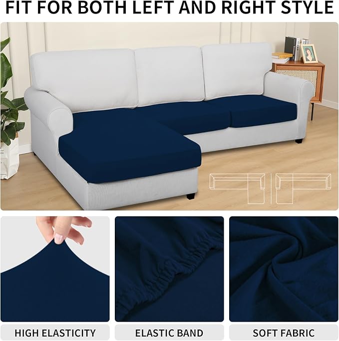 Easy-Going 100% Waterproof 3 Pieces Couch Cushion Covers for Sectional Sofa Left/Right L Shape Chaise Lounge Sofa Seat slipcover Anti-Slip Sofa Cover (2 Seater + 1 Chaise, Navy