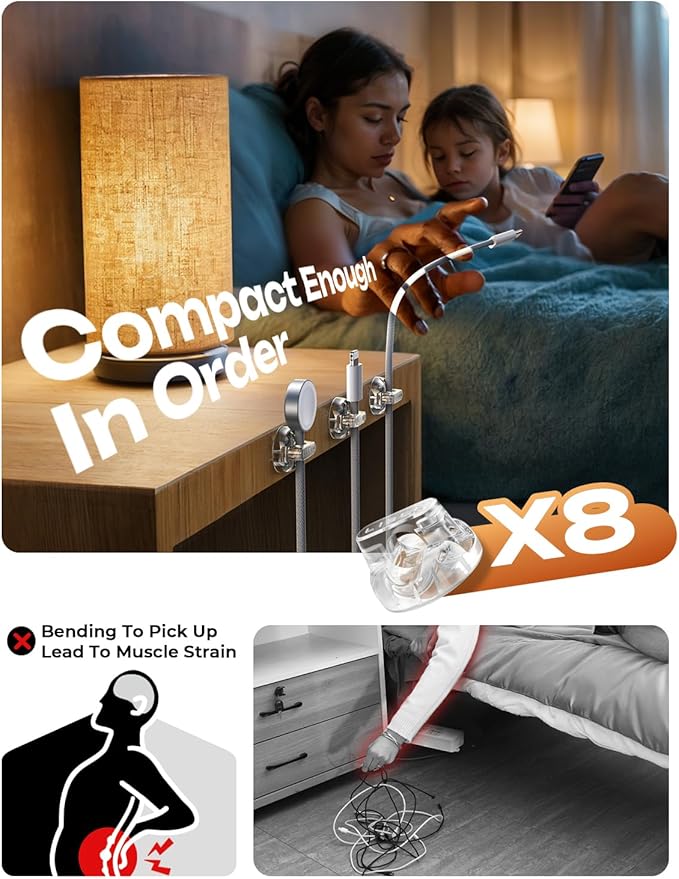 8-Pack Magnetic Cable Clips [1S Snap-On] Cord Holder, LISEN Desk Organizers and Accessories with 4 Extra Strong Adhesive Pads, Wire Organizer for Nightstand, Home, Wall, Car, Desktop,Transparent