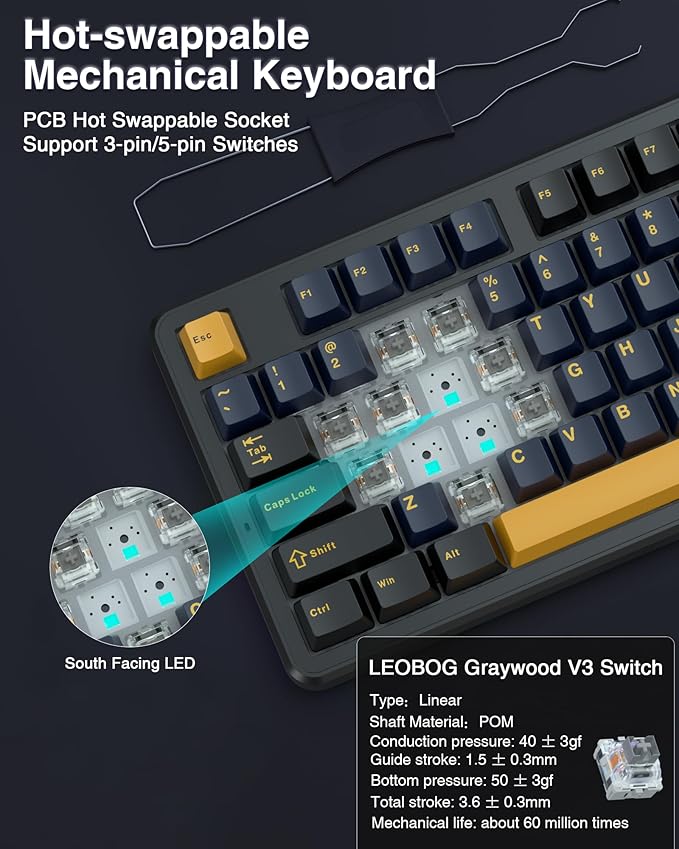 AULA F87 Wireless Mechanical Keyboard, 75% TKL Custom Hot Swappable Gaming Keyboards with PBT Keycaps, Pre-lubed Greywood Switches, RGB Backlit Creamy Keyboard, 2.4GHz/USB-C/BT5.0