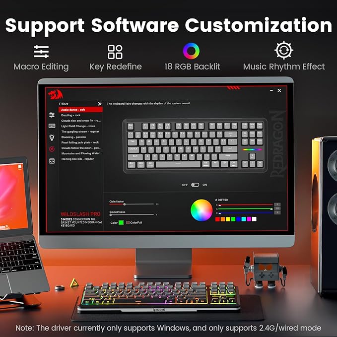 Redragon Wireless Mechanical Keyboard,3-Modes Bluetooth Gasket Hot Swappable TKL RGB Custom Keyboard,Pre-lubed Switches,Side Printed PBT Gradient Keycaps, South-Facing LEDs Socket