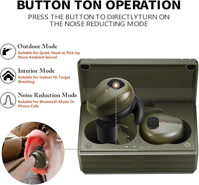 Electronic Shooting Earbuds - Ear Hearing Protection NRR 28dB Bluetooth 5.3 Noise Cancelling & Sound Amplification - Rechargeable Case for Hunting and Range(Green)
