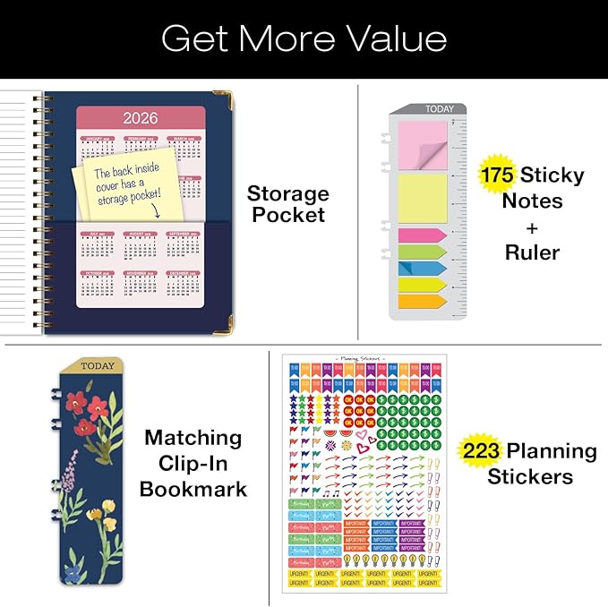 HARDCOVER Academic Year 2025-2026 Planner: (June 2025 Through July 2026) 8.5"x11" Daily Weekly Monthly Planner Yearly Agenda. Bookmark, Pocket Folder and Sticky Note Set (Navy Gold Numbers)