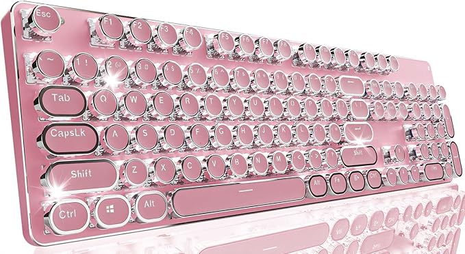 EWEADN TK950 Typewriter Keyboard Wireless Mechanical Keyboard, 104 Keys Aesthetic Typewriter Keyboards with White Backlit, Anti-Ghosting, Blue Switch Bluetooth/2.4GHz/Wired Keyboards-Pink