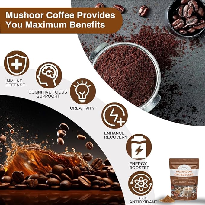 Mushroom Coffee, Organic 6 Mushrooms with Cordyceps, Reish, King Trumpet, Shitake, Turkey Tail, Lions Mane, Instant Coffee Powder for Energy,Focus, Digestion & Immune Support, 30 Servings