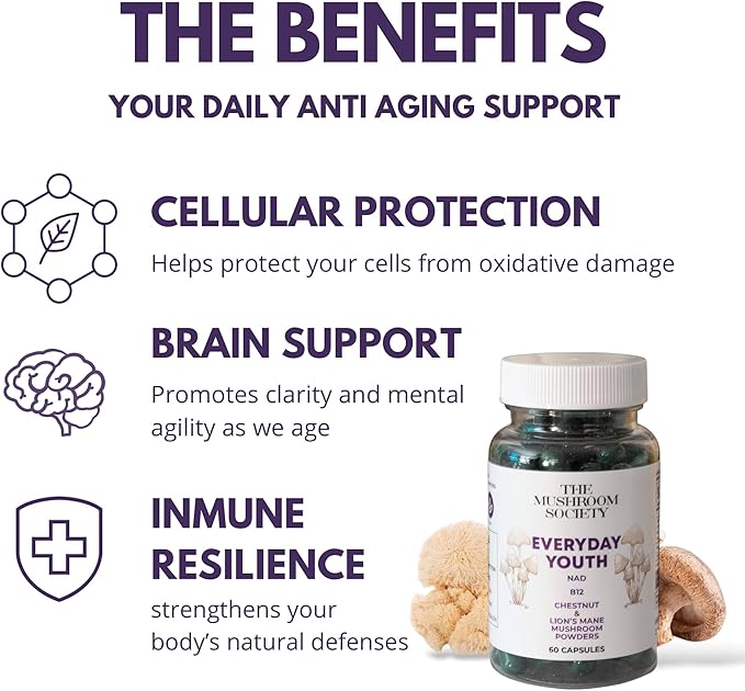 Everyday Youth - Anti-Aging Supplement - Brain & Cellular Energy Formula – Lion’s Mane, Chestnut, NAD, B12 + Beta-Glucans - 120 Vegan Capsules