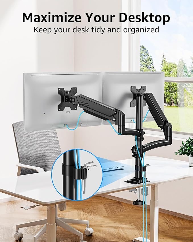 Dual Monitor Stand Holds 4.4-22 lbs Each, Dual Monitor Arm for 2 Monitors, Height Adjustable Computer Desk Mount for Max 32 inch Screens, VESA Mount with C-clamp & Grommet Base, Freelift Black