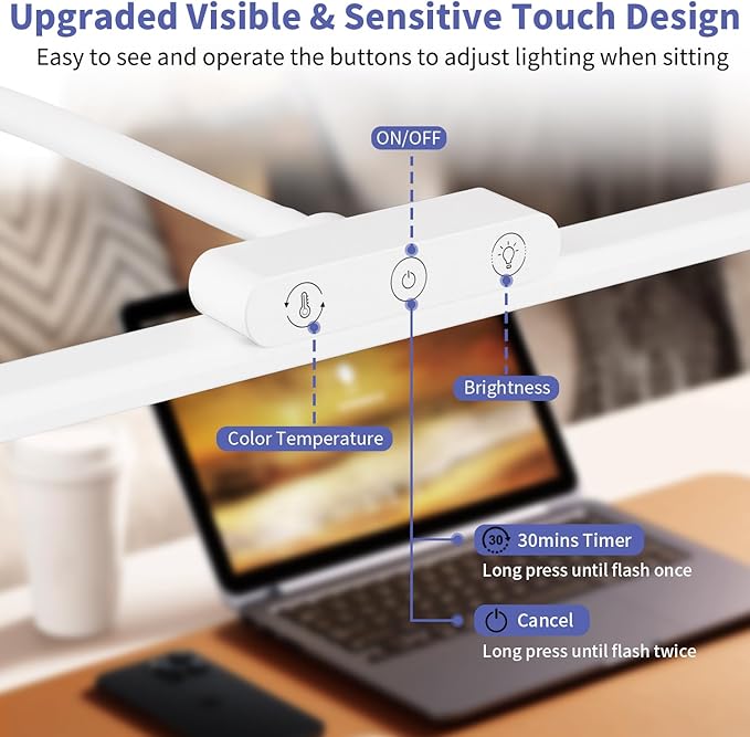 KableRika LED Desk Lamp with Base: Bright Desk Lights for Home Office - Eye Care Reading Table Lamps - Dimmable Desktop Lighting for Computer Monitor Study Drafting White