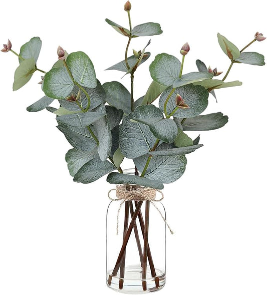 Artificial Eucalyptus Stems in Glass Vase with Faux Water,Artificial Plants Eucalyptus Leaves for Shelf Desk Bathroom Farmhouse Room Coffee Table Home Decor, Central Decoration.