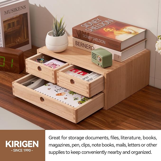 Kirigen Natural Wooden Desktop Organizer - Office Supplies Filing Tidy Storage Shelf - Storage Cabinet/Jewelry Organizer with 3 Drawers (NA, 2-Layer &3 Drawers)