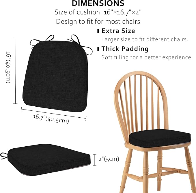 ELFJOY Chair Cushions for Dining Chairs Kitchen Chair Cushions U Shape Non Slip Chair Pads Set of 4 Seat Cushions with Ties Indoor 16.7" x 16" Black