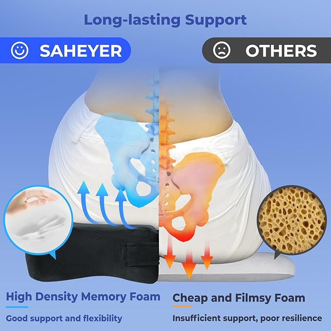 SAHEYER Bed Sore Cushions for Butt, Memory Foam Hemorrhoid Pressure Relief Pillow with Center Hole and Tailbone Cutout, for Long Sitting Coccyx, Sciatica, Postpartum, Pregnancy, After Surgery, Black