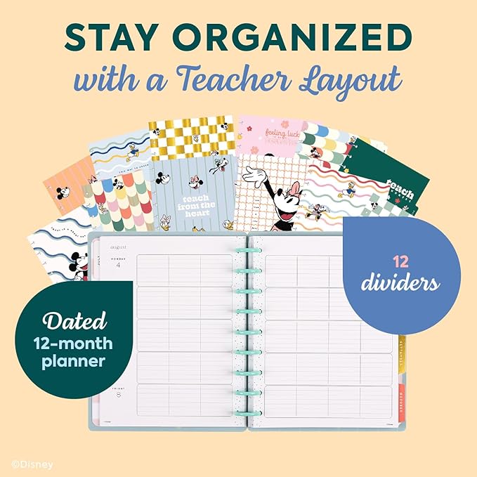 Happy Planner Disney Disc-Bound 12-Month Academic Planner, July 2025-June 2026 Planner, 3 Extra Months, 2 Sticker Sheets, Classic Size, Teacher Layout, Mickey Mouse & Friends Theme, Current Classroom