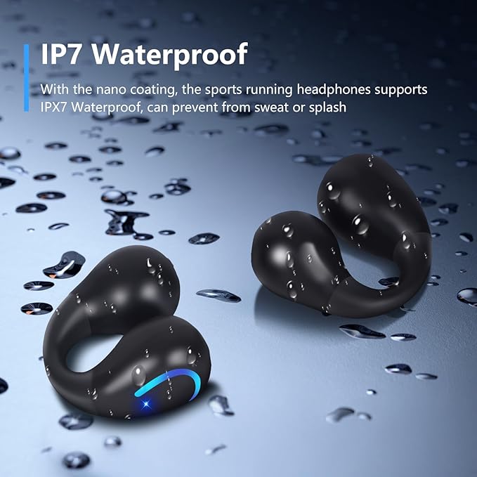 Open Ear Bone Conduction Headphones Bluetooth 5.3 Clip On Earbuds with Digital Display Charging Case 60 Hours Playtime Sport Earphones Built-in Mic IPX7 Waterproof for Running Fitness Black